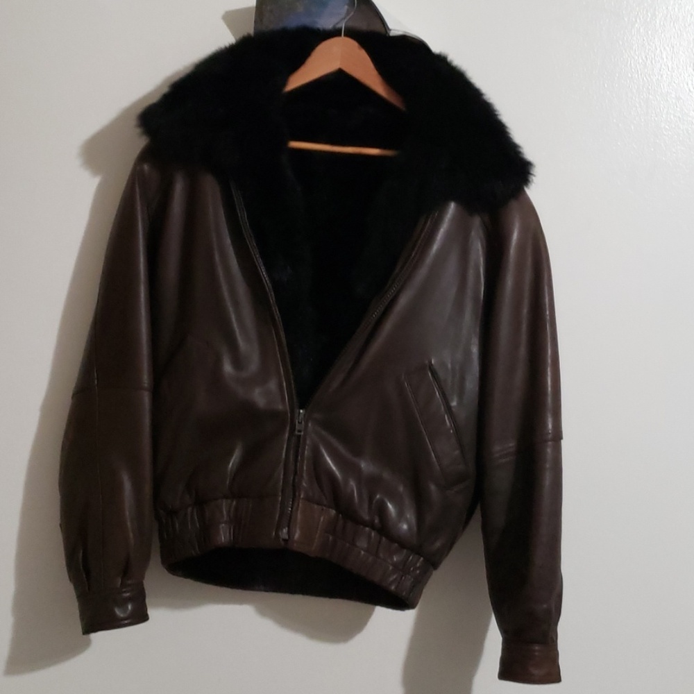 Andrew Marc Brown Leather Jacket/Fur